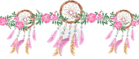 Dream catchers horizontal watercolor seamless border pattern. Hand drawn realistic illustration. Can be used for fabric, textile, packaging prints, wallpaper design. Bohemian decoration with beads