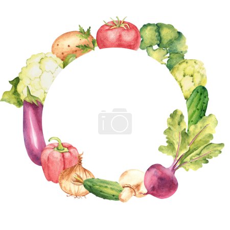 Vegetables watercolor circle round frame, wreath. Botanical vegetable hand drawn watercolor illustration isolated on white background. Can be used for cards, logos and food and advertisement design