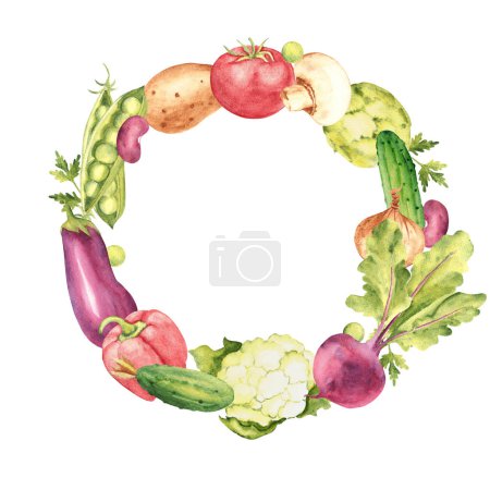 Gemüse-Aquarell-Kranz, kreisrunder Rahmen. Botanische pflanzliche handgezeichnete Aquarell-Illustration isoliert auf weißem Hintergrund. Kann für Karten, Logos und Lebensmitteldesign verwendet werden. Vintage-Stil