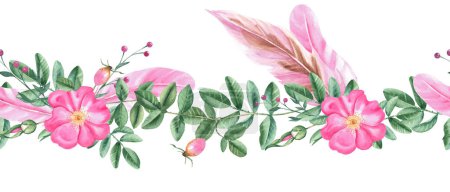 Photo for Rose hip and pink feathers horizontal watercolor seamless border pattern. Hand drawn botanical illustration. Dog rose flowers, buds, branches and berries. Can be used for fabric, textile, packaging - Royalty Free Image
