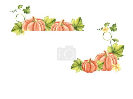 Pumpkin Horizontal Frame, Border. Watercolor Vegetable with flowers and leaves. Botanical Hand drawn watercolor illustration isolated on white background. Can be used for cards, logos and invitations