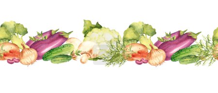 Gemüse horizontal Aquarell nahtlose Border Pattern. Handgezeichnete botanische Illustration. Kann für Stoff, Textilien, Verpackungsdruck, Produktdesign verwendet werden