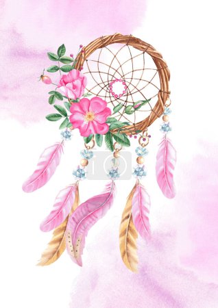Dream Catcher Card or Poster Template with with beads, crystals, rose hip flowers and pink and beige feathers. Pink Watercolor splashes. Watercolor hand drawn illustration. Bohemian decoration, chic