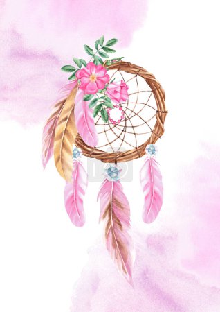 Dream Catcher Card or Poster Template with with beads, crystals, rose hip flowers and pink and beige feathers. Pink Watercolor splashes. Watercolor hand drawn illustration. Bohemian decoration, chic