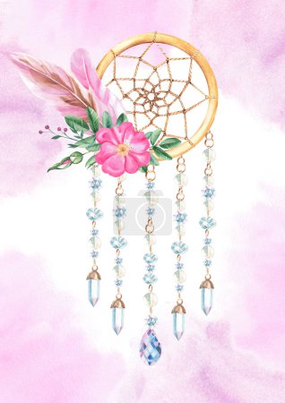 Dream Catcher Card or Poster Template with with beads, crystals, rose hip flowers and pink feathers. Pink Watercolor splashes. Watercolor hand drawn illustration. Bohemian decoration, chic design