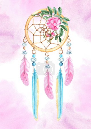 Dream Catcher Card or Poster Template with with beads, crystals, rose hip flowers and pink and blue feathers. Pink Watercolor splashes. Watercolor hand drawn illustration. Bohemian decoration, chic