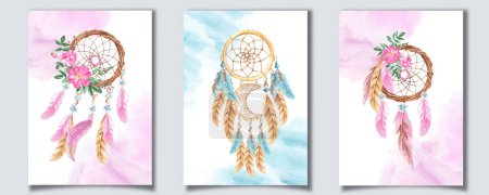 Set of Dream Catcher Cards or Poster Templates with beads, crystals, rose hip flowers and pink, blue and beige feathers. Watercolor splashes. Hand drawn illustrations. Bohemian decoration, chic design
