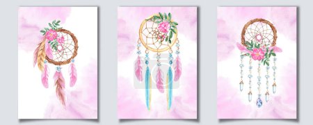 Set of Dream Catcher Cards or Poster Templates with with beads, crystals, rose hip flowers and pink, blue and beige feathers. Watercolor splashes. Hand drawn illustrations. Bohemian decoration, chic