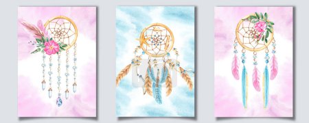 Set of Dream Catcher Cards or Poster Templates with beads, crystals, rose hip flowers and pink, blue and beige feathers. Sea Shells and stones, Watercolor splashes. Hand drawn illustrations