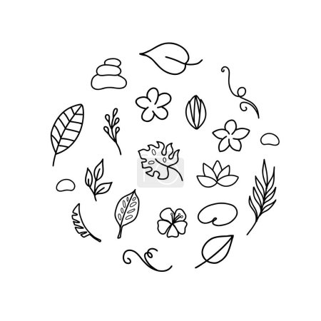 Simple hand drawn tropical floral vector design elements in doodle style. Set of leaves, flowers, branches and stones. For pattern, logo or decoration