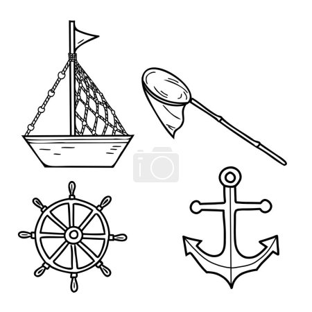 Fishing nautical set. Cute ship, boat, anchor, steering wheel, fishing net illustration in doodle style isolated on white background