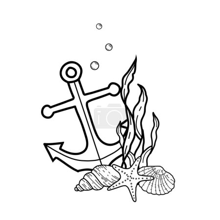 Underwater composition of seaweeds, starfish, seashells and nautical anchor. Vector Marine illustration. Hand drawn Graphic sketch. For menu, marine beach design