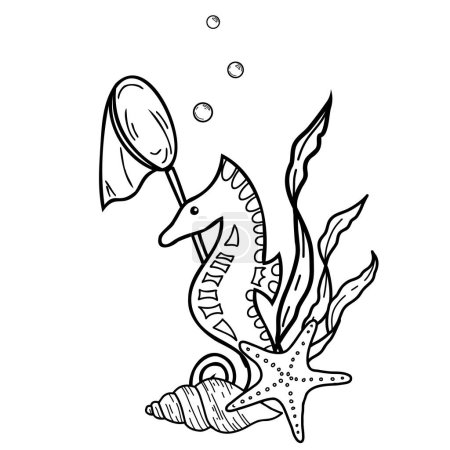 Composition marine de mignon hippocampe, algues, étoiles de mer, coquillages et filet de pêche. Illustration isolée vectorielle dessinée à la main. Graphic summer Croquis de la mer