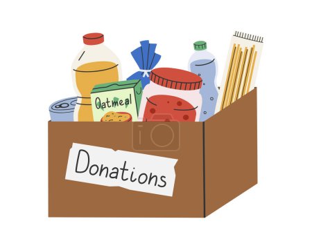 Dibujado a mano linda ilustración de la caja de donación de alimentos. Vector plano dando aceite, gachas, enlatados a la caridad en el estilo de garabato de color simple. Filantropía, pegatina de voluntarios, icono o impresión. Aislado.