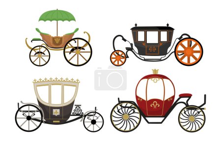 Illustration for Set of colorful royal carriages in cartoon style. Vector illustration of chariots to transport kings, princesses or just order for weddings on white background. - Royalty Free Image