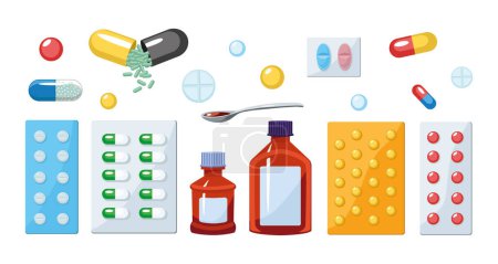 Photo for Set of colorful medicines in cartoon style. Vector illustration of medicines for the treatment of various diseases in the form of tablets, pills, antibiotics and syrups on white background. - Royalty Free Image