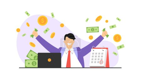 Vector illustration of salary. Cartoon scene with a man who is happy with his salary and wants to go on vacation.