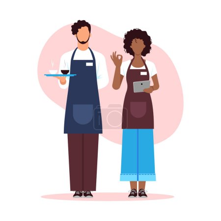 Illustration for Vector illustration of beautiful waiters. Cartoon scene with man and girl waiters who meet visitors to a cafe with a cup of coffee. - Royalty Free Image