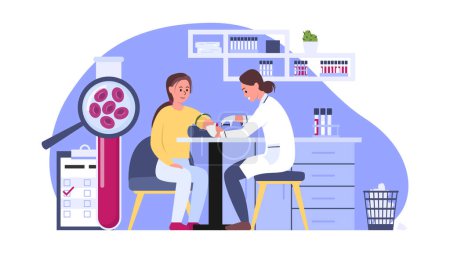 Photo for Vector illustration of blood donation. Cartoon scene with blood donation by girl to check for diseases in the laboratory. - Royalty Free Image