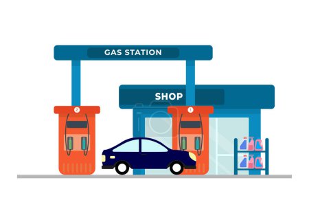 Illustration for Vector illustration of a beautiful petrol station. Cartoon urban buildings with refueling the car with gas, shop. - Royalty Free Image