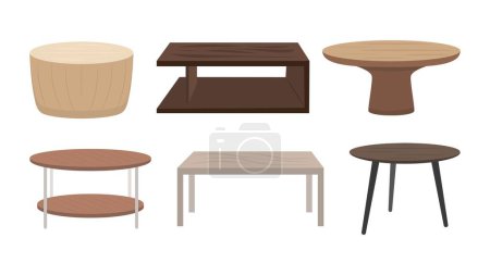 Illustration for Set of wooden tables in cartoon style. Vector illustration of round and square coffee tables for home interiors on white background. - Royalty Free Image