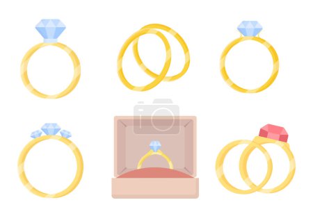Set of gold wedding rings in cartoon style. Vector illustration of wedding rings with diamonds and rubies for men and women, expensive jewelry on white background.