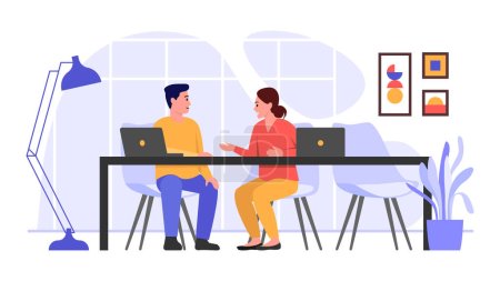 Photo for Vector illustration coworking. Cartoon scene with guy and girl who are sitting and discussing work on white background. - Royalty Free Image