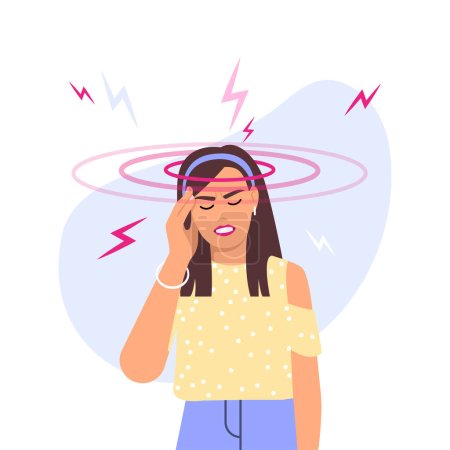 Photo for Vector illustration of headache. Cartoon scene with girl with pain in the head and points of pain on white background. - Royalty Free Image