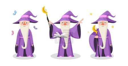 Vector illustration of cute and beautiful ancient magicians on white background. Charming characters in different poses, a magic book, walks with staff and around a star in cartoon style.