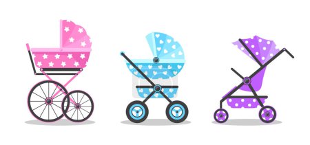 Set of colorful baby strollers cartoon style. Vector illustration of strollers for girls and boys on white background.