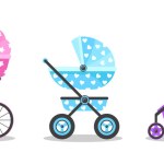 Set of colorful baby strollers cartoon style. Vector illustration of strollers for girls and boys on white background.