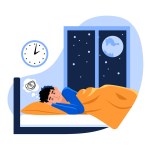 Vector illustration of insomnia. Depression. Cartoon scene with a guy who cant sleep at night white background.