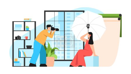 Illustration for Vector illustration of photo studio. Cartoon scene with photographer and posing model who are filmed the studio on white background. - Royalty Free Image