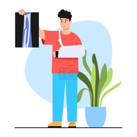 Illustration for Vector illustration of broken arm. Cartoon scene with a guy holding an x-ray of his broken arm white background. - Royalty Free Image