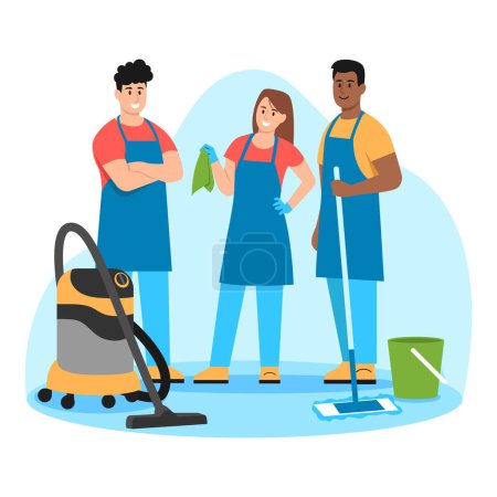 Photo for Vector illustration of cleaners. Cartoon scene with boys and girls who vacuum, dust, mop the floor on white background. - Royalty Free Image