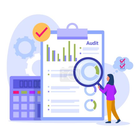Photo for Vector illustration of audit. Cartoon scene with a girl who studies economic charts and indicators on white background. Economic calculations, graphs and charts. - Royalty Free Image