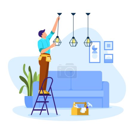 Illustration for Vector illustration of electrician. Cartoon scene with a man who is repairing a chandelier at home on white background. - Royalty Free Image