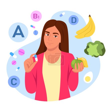 Photo for Vector illustration of vitamins. Cartoon scene with a girl who does shows where you can get vitamins both from tablets and from vegetables and fruits on white background. - Royalty Free Image