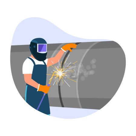 Illustration for Vector illustration of welder. Cartoon scene with a man who welds an iron pipe in a factory on white background. Construction works. - Royalty Free Image