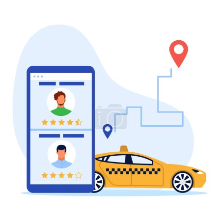 Photo for Vector illustration of taxi apps. Cartoon scene taxi which on the map shows the route to the customer on white background. A convenient trip to the right place. - Royalty Free Image