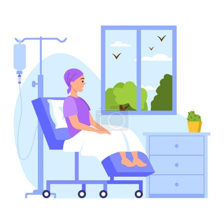 Photo for Vector illustration of cancer patients. Cartoon scene with a girl who looks sadly out the window under droppers in a hospital bed on white background. Serious illness. Medicine and science. - Royalty Free Image