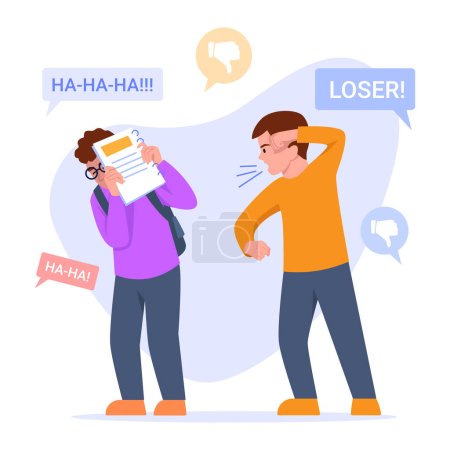 Illustration for Vector illustration of bullying. Cartoon scene with guy who mock and insult the weak and raise their hand against them on white background. To insult another person. - Royalty Free Image