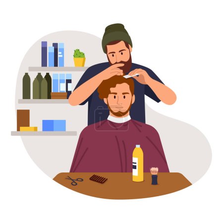 Illustration pour Illustration vectorielle du coiffeur. Scène de dessin animé avec un coiffeur qui prend un homme cheveux, coiffer les cheveux, couper sa barbe sur fond blanc. - image libre de droit