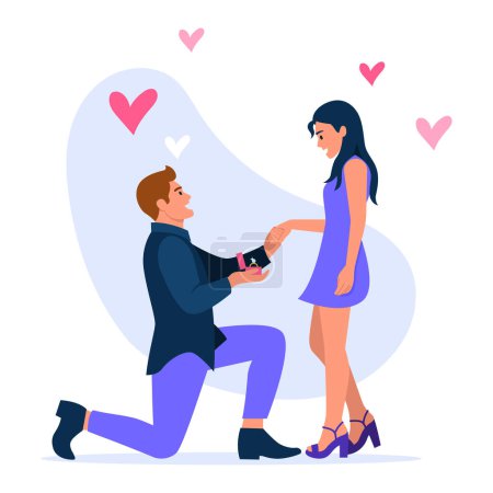 Photo for Vector illustration of marriage proposals. Cartoon scene with a man who proposes to his girlfriend and gives her a ring on white background. A romantic date, love is in the air. - Royalty Free Image