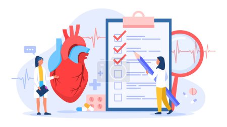 Ilustración vectorial del cardiólogo. Escena de dibujos animados con médicos que revisan el corazón en busca de varias enfermedades en el fondo blanco. Medicina y médicos.