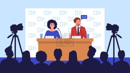 Vektorillustration einer Pressekonferenz. Karikaturenszene mit einem Mann und einer Frau, die mit Mikrofonen vor Publikum und Videokameras an einem Tisch sitzen und eine Rede halten.