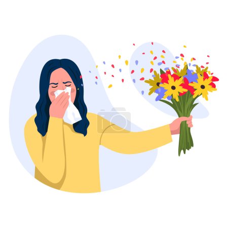 Illustration pour Illustration vectorielle des allergies. Scène de dessin animé avec une fille allergique aux fleurs et au pollen sur fond blanc. - image libre de droit