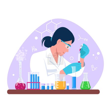 Illustration for Vector illustration of chemists. Cartoon scene with a chemist who conducted experiments with different chemicals on white background. - Royalty Free Image