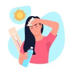 Vector illustration of hot weather. Cartoon scene with a girl who sweats from the hot sun and tries to drink water on white background.