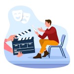 Vector illustration of actors. Cartoon scene with the guy is training the script and getting ready to shoot the movie on white background.